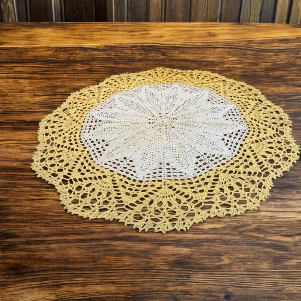 Vintage Yellow & White Doily Intricately Crocheted 28 1/2” Diameter